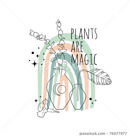 Minimalist inspirational quote plants are magic with black line art eucalyptus in a vase and abstract boho rainbow background Minimalist inspirational quote plants are magic with black line art eucalyptus in a vase and abstract boho rainbow background 76877977