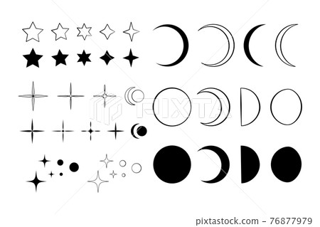 Set of black line art and silhouettes of stars, moons and crescents.  76877979