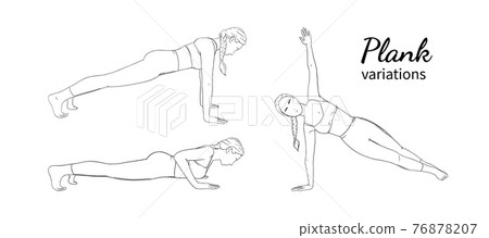 Woman in plank poses. Exercising woman practising plank pose variations. Vector illustration 76878207