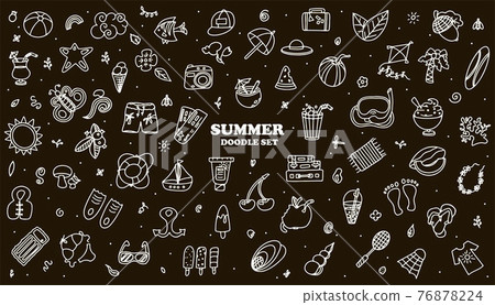 A Big vector doodle summer set. Hand draw accessories for beach holidays by the sea. Flat design Illustration for ads, web, flyers, and banners. Set of drawn by hand icons. Summer fruits, food 76878224