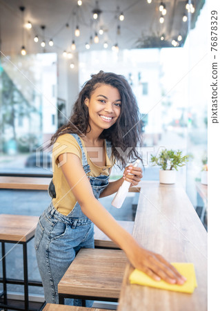 Pretty cheerful woman wiping table in cafe Pretty cheerful woman wiping table in cafe 76878329