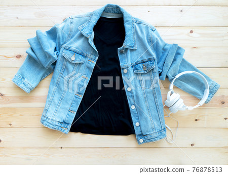 flat lay, black tshirt mockup and denim jacket jeans on brown wooden background. Template, flat lay, black tshirt mockup and denim jacket jeans on brown wooden background. Template, 76878513