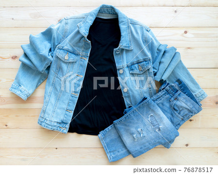 flat lay, Black tshirt mockup and denim jacket jeans on brown wooden background. Template, flat lay, Black tshirt mockup and denim jacket jeans on brown wooden background. Template, 76878517