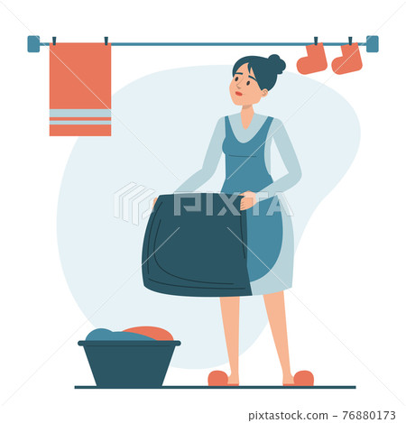 Woman hanging washed laundry isolated. Daily routine 76880173