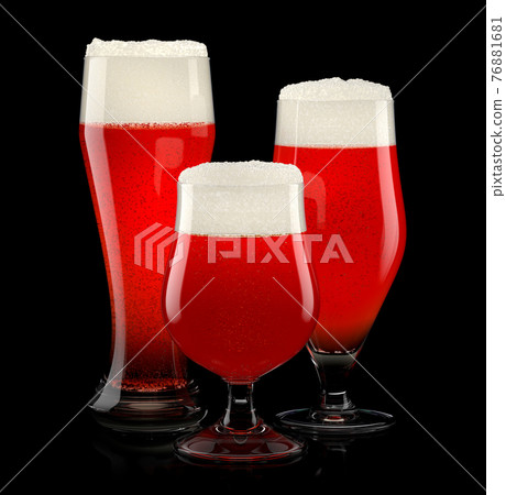Set of fresh draft beer glasses with bubble froth isolated on black background. 76881681