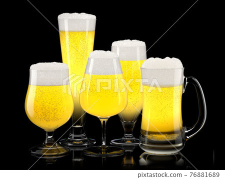 Set of fresh light beer glasses with bubble froth isolated on black background. Set of fresh light beer glasses with bubble froth isolated on black background. 76881689