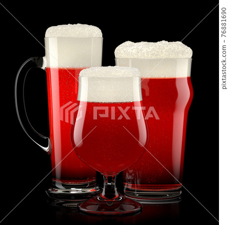 Set of fresh draft beer glasses with bubble froth isolated on black background. Set of fresh draft beer glasses with bubble froth isolated on black background. 76881690