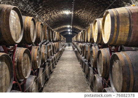 wine cellars with barrels, traditional wine called Bikaver near Eger, Hungary 76882378
