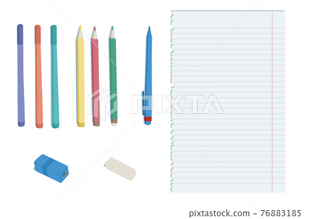 Simple school stuff  for studying: few colorful pencils and  markers,  pen near clear lined paper sheet, sharpener and rubber. Flat style vector illustration.. 76883185