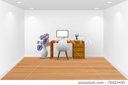 computer on the wooden table in white room in the house computer on the wooden table in white room in the house 76883495
