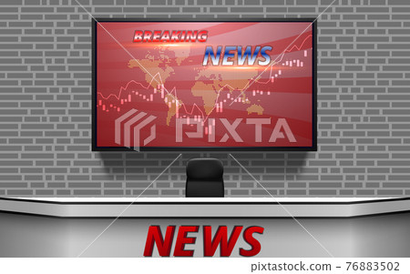 white table with breaking news on led screen background in the news studio room white table with breaking news on led screen background in the news studio room 76883502
