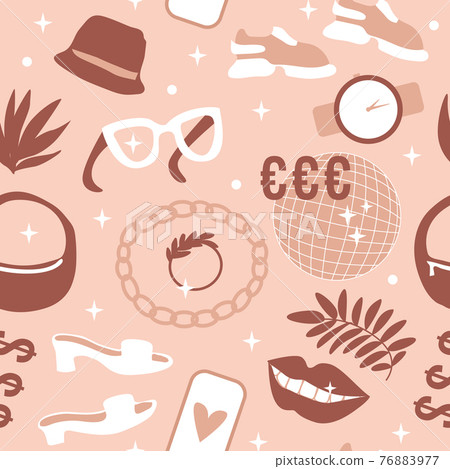 Modern life style trend fashion seamless pattern. Vector illustration shoes, sneakers, bag and accessories. Surface design girl blogger shopping in store. Beige with brown color 76883977
