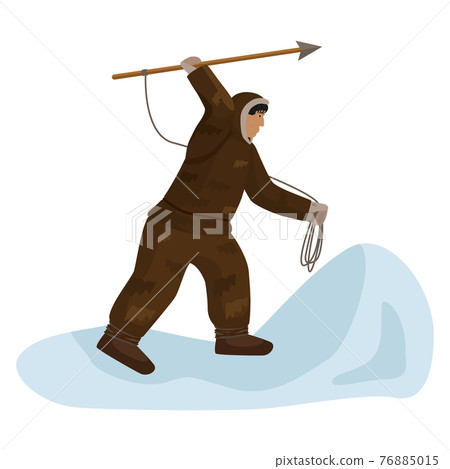 Composition traditional Eskimo hunting isolated on white background. Man hunting on animal with spear. Composition traditional Eskimo hunting isolated on white background. Man hunting on animal with spear. 76885015