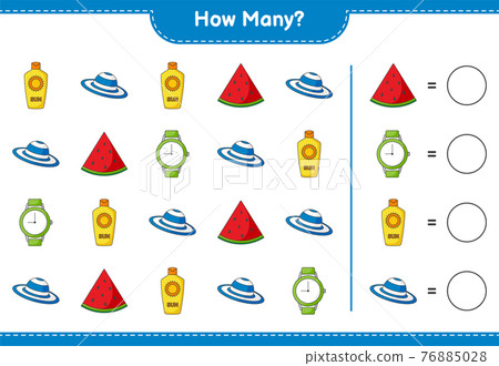 Counting game, how many Watermelon, Sunscreen, Watches, and Summer Hat. Educational children game, printable worksheet, vector illustration Counting game, how many Watermelon, Sunscreen, Watches, and Summer Hat. Educational children game, printable worksheet, vector illustration 76885028
