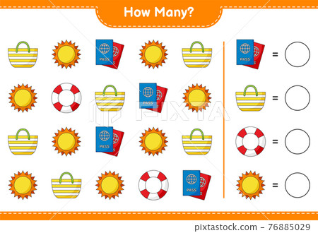 Counting game, how many Lifebuoy, Sun, Beach Bag, and Passport. Educational children game, printable worksheet, vector illustration 76885029