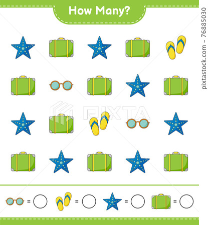 Counting game, how many Luggage, Starfish, Sunglasses, and Flip Flop. Educational children game, printable worksheet, vector illustration Counting game, how many Luggage, Starfish, Sunglasses, and Flip Flop. Educational children game, printable worksheet, vector illustration 76885030