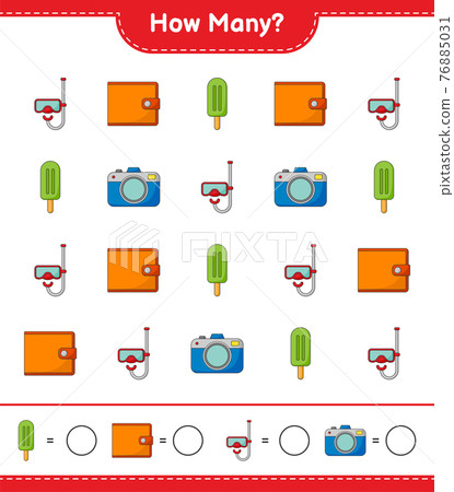 Counting game, how many Camera, Ice Cream, Scuba Diving Mask, and Wallet. Educational children game, printable worksheet, vector illustration Counting game, how many Camera, Ice Cream, Scuba Diving Mask, and Wallet. Educational children game, printable worksheet, vector illustration 76885031