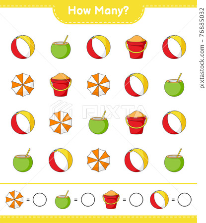 Counting game, how many Beach Ball, Coconut, Beach Umbrella, and Sand Bucket. Educational children game, printable worksheet, vector illustration Counting game, how many Beach Ball, Coconut, Beach Umbrella, and Sand Bucket. Educational children game, printable worksheet, vector illustration 76885032