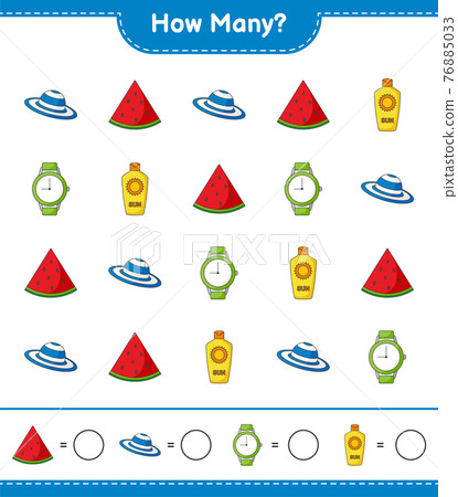Counting game, how many Watermelon, Sunscreen, Watches, and Summer Hat. Educational children game, printable worksheet, vector illustration Counting game, how many Watermelon, Sunscreen, Watches, and Summer Hat. Educational children game, printable worksheet, vector illustration 76885033