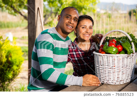 Positive family couple with harvest of vegetables in garden Positive family couple with harvest of vegetables in garden 76885523