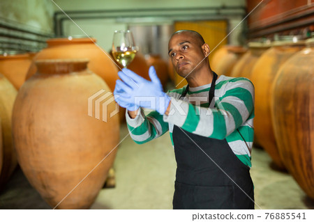 Hispanic winemaker checking quality of wine at winery Hispanic winemaker checking quality of wine at winery 76885541
