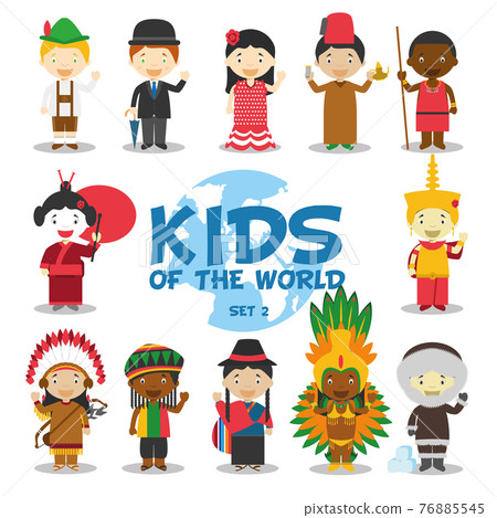 Kids of the world vector illustration: Nationalities Set 2. Set of 12 characters dressed in different national costumes (Germany, UK, Spain, Morocco, Kenya/Masai, Japan, Cambodia, USA, Jamaica, 76885545