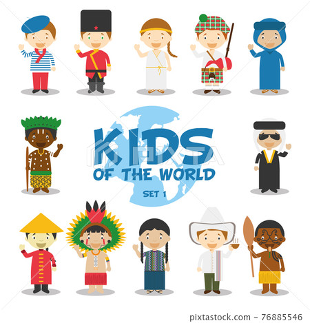 Kids of the world vector illustration: Nationalities Set 1. Set of 12 characters dressed in different national costumes (France, Russia, Greece, Scotland, Algeria, Congo, Iraq, China, Amazon, 76885546