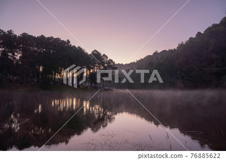 Fog or mist on river lake with forest trees in Pang Ung reservoir, Mae Hong Son, Thailand. Tourist attraction, surrounded by green pine, mountains, reflection from water. Fog or mist on river lake with forest trees in Pang Ung reservoir, Mae Hong Son, Thailand. Tourist attraction, surrounded by green pine, mountains, reflection from water. 76885622