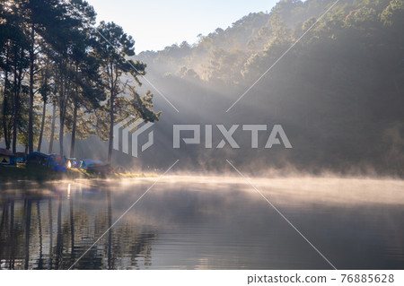 Fog or mist on river lake with forest trees in Pang Ung reservoir, Mae Hong Son, Thailand. Tourist attraction, surrounded by green pine, mountains, reflection from water. 76885628
