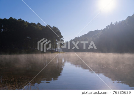 Fog or mist on river lake with forest trees in Pang Ung reservoir, Mae Hong Son, Thailand. Tourist attraction, surrounded by green pine, mountains, reflection from water. Fog or mist on river lake with forest trees in Pang Ung reservoir, Mae Hong Son, Thailand. Tourist attraction, surrounded by green pine, mountains, reflection from water. 76885629