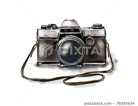 Black retro camera in vintage style on white background. Creative hand-drawn background. Hand-drawn illustration. 76885684