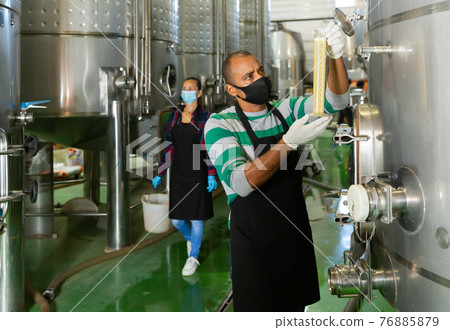 Winemaker in protective masks analyze the white wine in beaker Winemaker in protective masks analyze the white wine in beaker 76885879