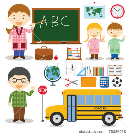 Teacher and school characters vector illustration, with educational icons and objects set (scissors, compass, ruler, chalk, blackboard, globe, pencil and colors). Teacher and school characters vector illustration, with educational icons and objects set (scissors, compass, ruler, chalk, blackboard, globe, pencil and colors). 76886058
