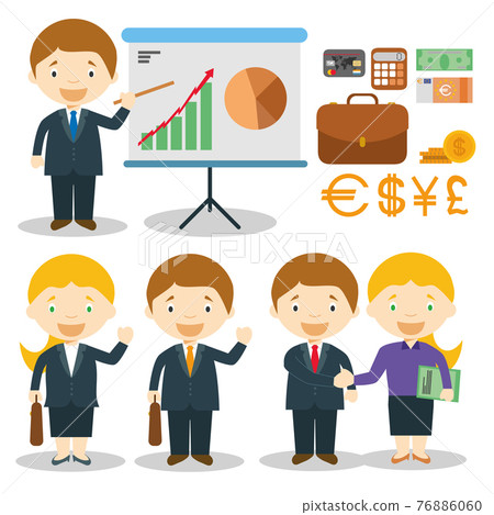 Businessman and businesswoman characters vector illustration, with finance icons and objects set (credit card, money, calculator, notes, coins, wallet, statistical graphics and screen) 76886060
