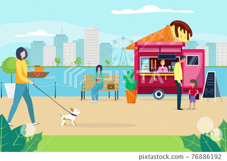Lovely people walking in quayside park, character woman stroll little dog, dessert wagon ice cream flat vector illustration. Lovely people walking in quayside park, character woman stroll little dog, dessert wagon ice cream flat vector illustration. 76886192