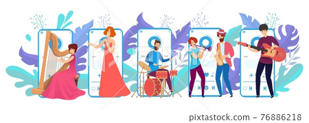 Online musical performance, smartphone music application, classic melodic concert flat vector illustration, isolated on white. Online musical performance, smartphone music application, classic melodic concert flat vector illustration, isolated on white. 76886218