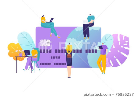 Modern remote work, tiny character freelancer people personal computer, debit card flat vector illustration, isolated on white. Modern remote work, tiny character freelancer people personal computer, debit card flat vector illustration, isolated on white. 76886257