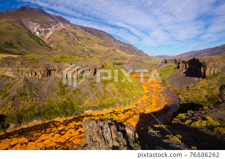 View of Agrio river near Salto del Agrio waterfall 76886262