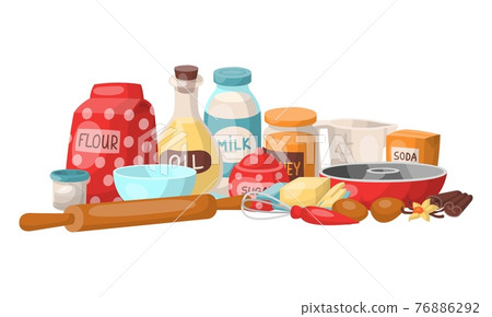 Set cooking stuff device, ingredient for sweetness cake preparation, flour confectionery foodstuff flat vector illustration, isolated on white. Set cooking stuff device, ingredient for sweetness cake preparation, flour confectionery foodstuff flat vector illustration, isolated on white. 76886292