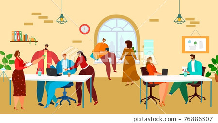 Teamwork character people work together, solving business problem, coworking space industry command flat vector illustration. Teamwork character people work together, solving business problem, coworking space industry command flat vector illustration. 76886307