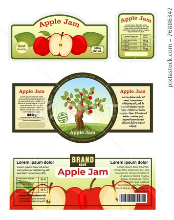 Advertising poster apple jam label, sticker ads fruit jelly foodstuff, pome tablet flat vector illustration, isolated on white. 76886342