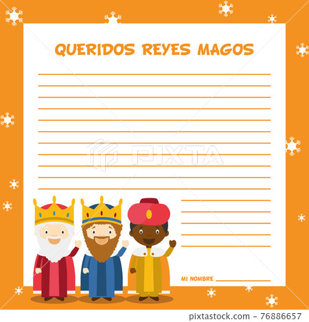 Three Wise Men letter template vector illustration for Christmas time in Spanish, with child characters. Three Wise Men letter template vector illustration for Christmas time in Spanish, with child characters. 76886657