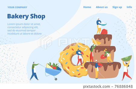 Bakery shop web banner concept, tiny character pastry business, bake muffin cake flat vector illustration, computer network site. Bakery shop web banner concept, tiny character pastry business, bake muffin cake flat vector illustration, computer network site. 76886848