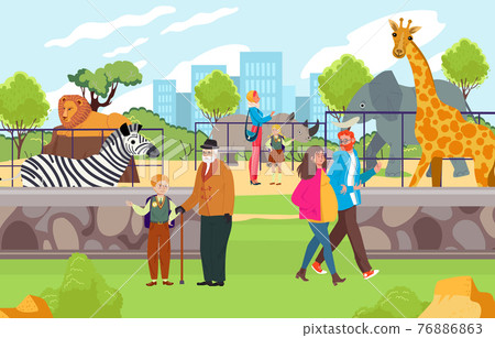 Happy cheerful family time spending in zoo, people character observe wild tropical zebra, giraffe and lion animal flat vector illustration. 76886863