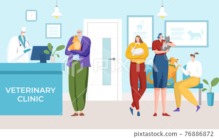 Medical veterinary clinic reception desk, patient waiting room, animal healthcare private hospital flat vector illustration. 76886872
