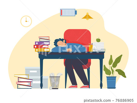 Professional specialist male character sleeping working place, vocational burnout and low energy flat vector illustration, isolated on white. 76886905