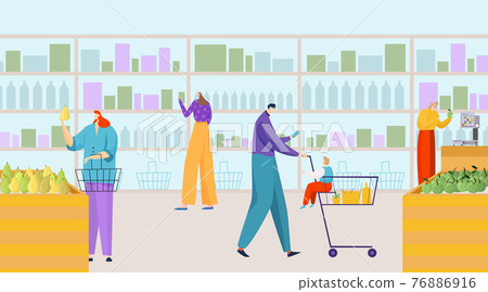 People character buy product in supermarket, foodstuff wooden shelving, grocery store flat vector illustration, fresh ecology meal. People character buy product in supermarket, foodstuff wooden shelving, grocery store flat vector illustration, fresh ecology meal. 76886916