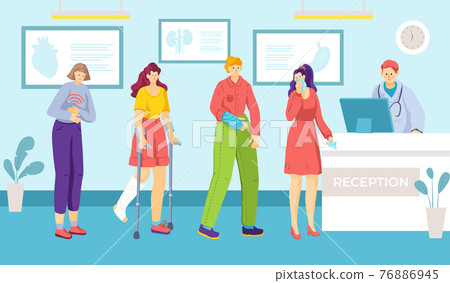 Medical human clinic reception queue desk, patient waiting room, person healthcare private hospital flat vector illustration. Medical human clinic reception queue desk, patient waiting room, person healthcare private hospital flat vector illustration. 76886945