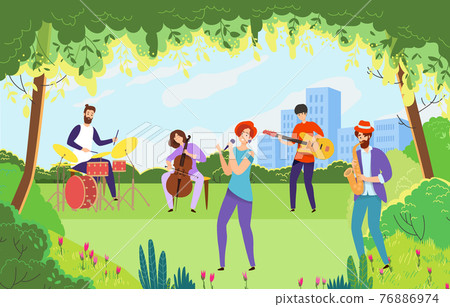 Creative city green outdoor garden park musical performance, young character artist play classic jazz music flat vector illustration. 76886974