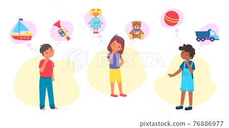 Little cute children character girl and boy dreaming new plaything, dreamy cheerful child flat vector illustration, isolated on white. 76886977